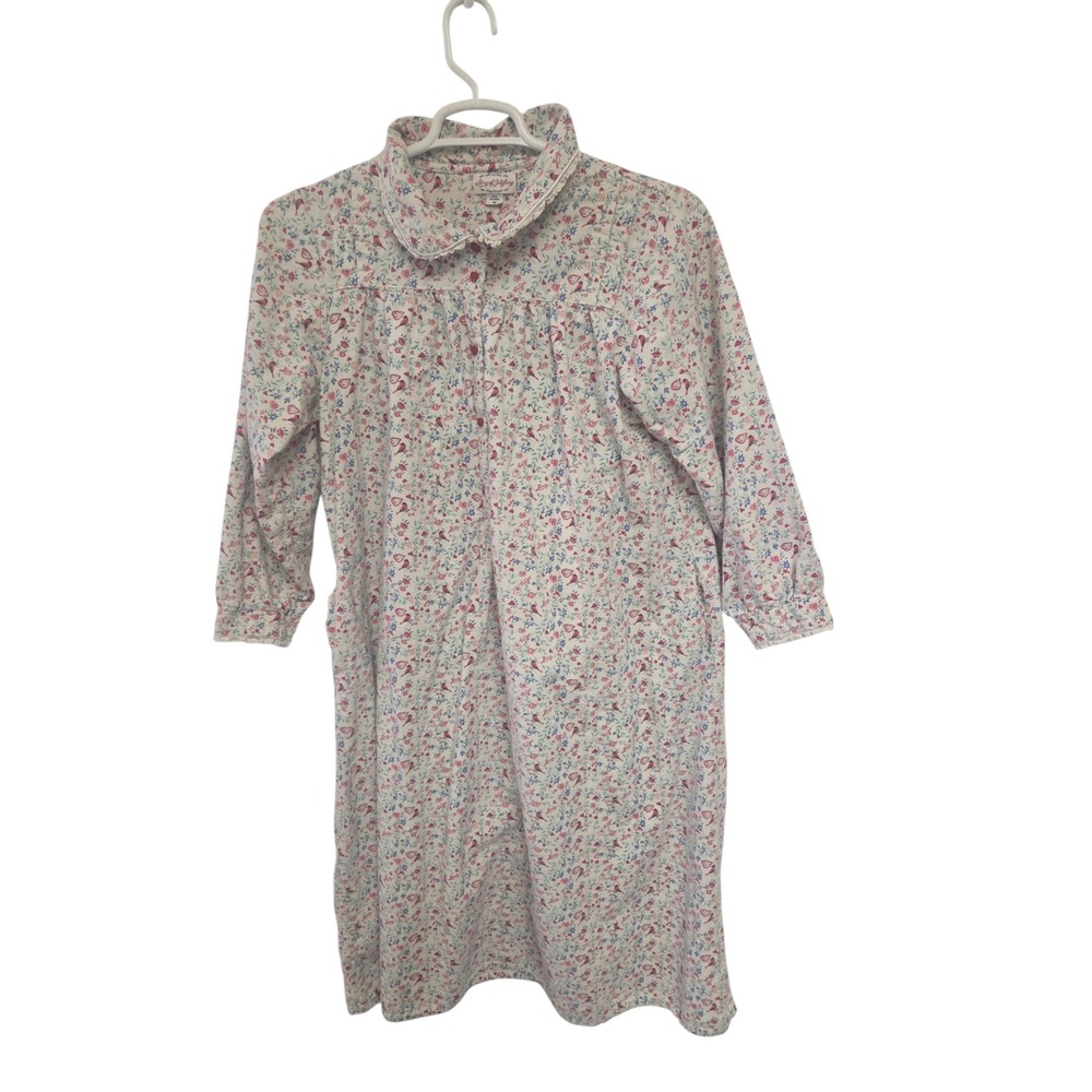 Lanz of Salzburg Womens Flannel Nightgown M Floral Cardinal Bird Peter‎ Pan